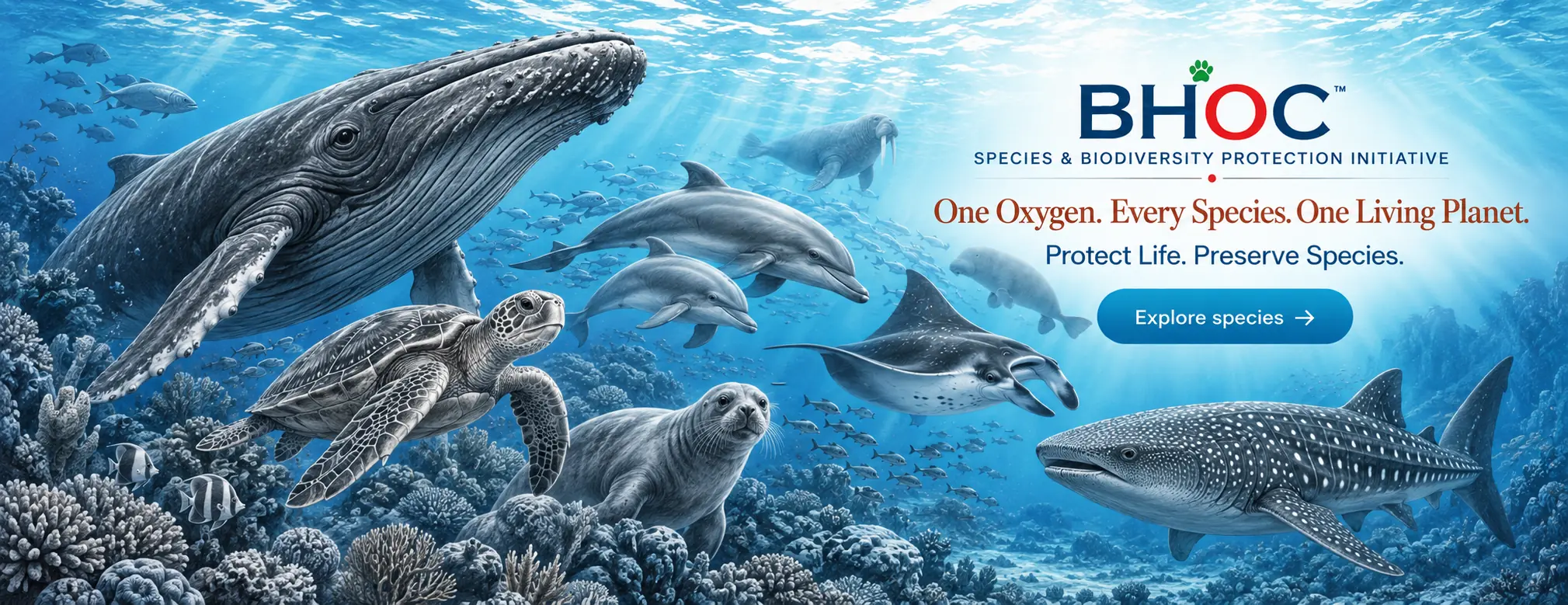 BHOC ocean wildlife scene with humpback whale, dolphins, sea turtle, natural manta ray, seal, walrus, dugong, whale shark, fish and coral reef.