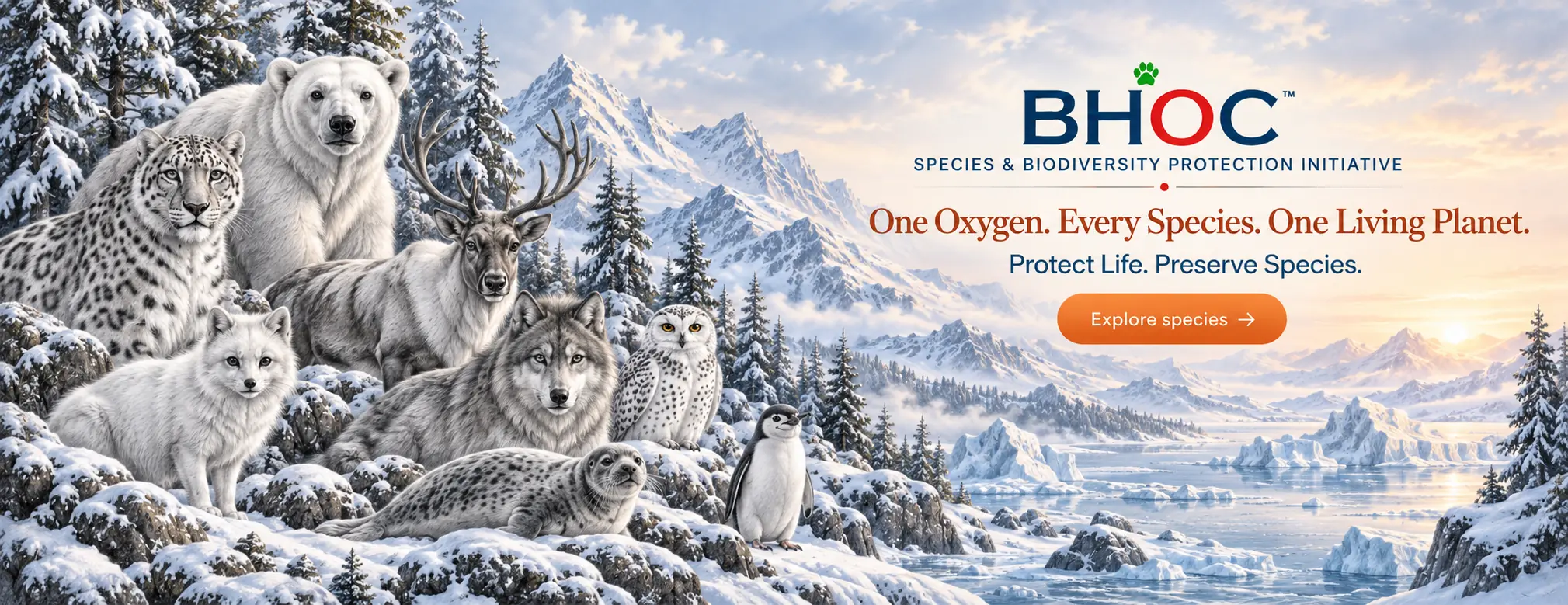 BHOC winter wildlife scene with polar bear, snow leopard, reindeer, wolf, Arctic fox, snowy owl, seal and penguin in a mountain and sea-ice landscape.