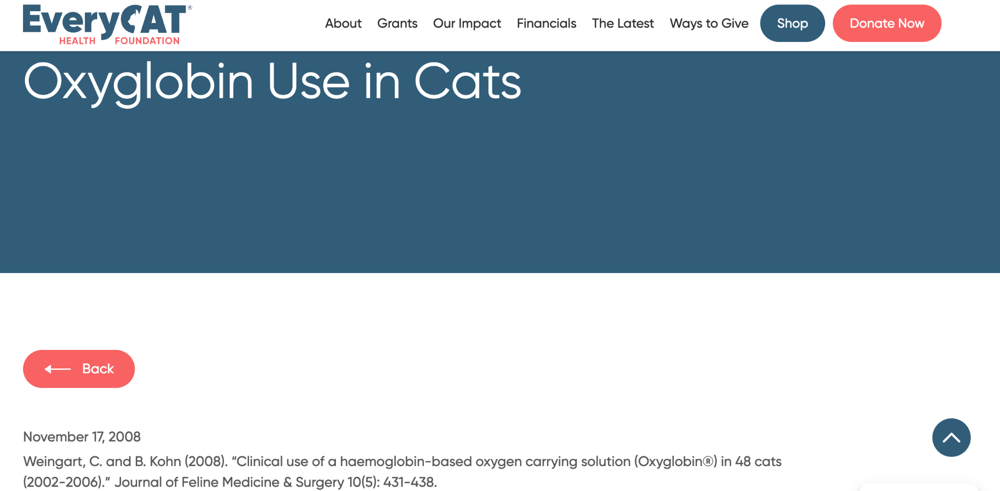 Screenshot of EveryCat Health Foundation's Oxyglobin Use in Cats article, dated 17 November 2008.