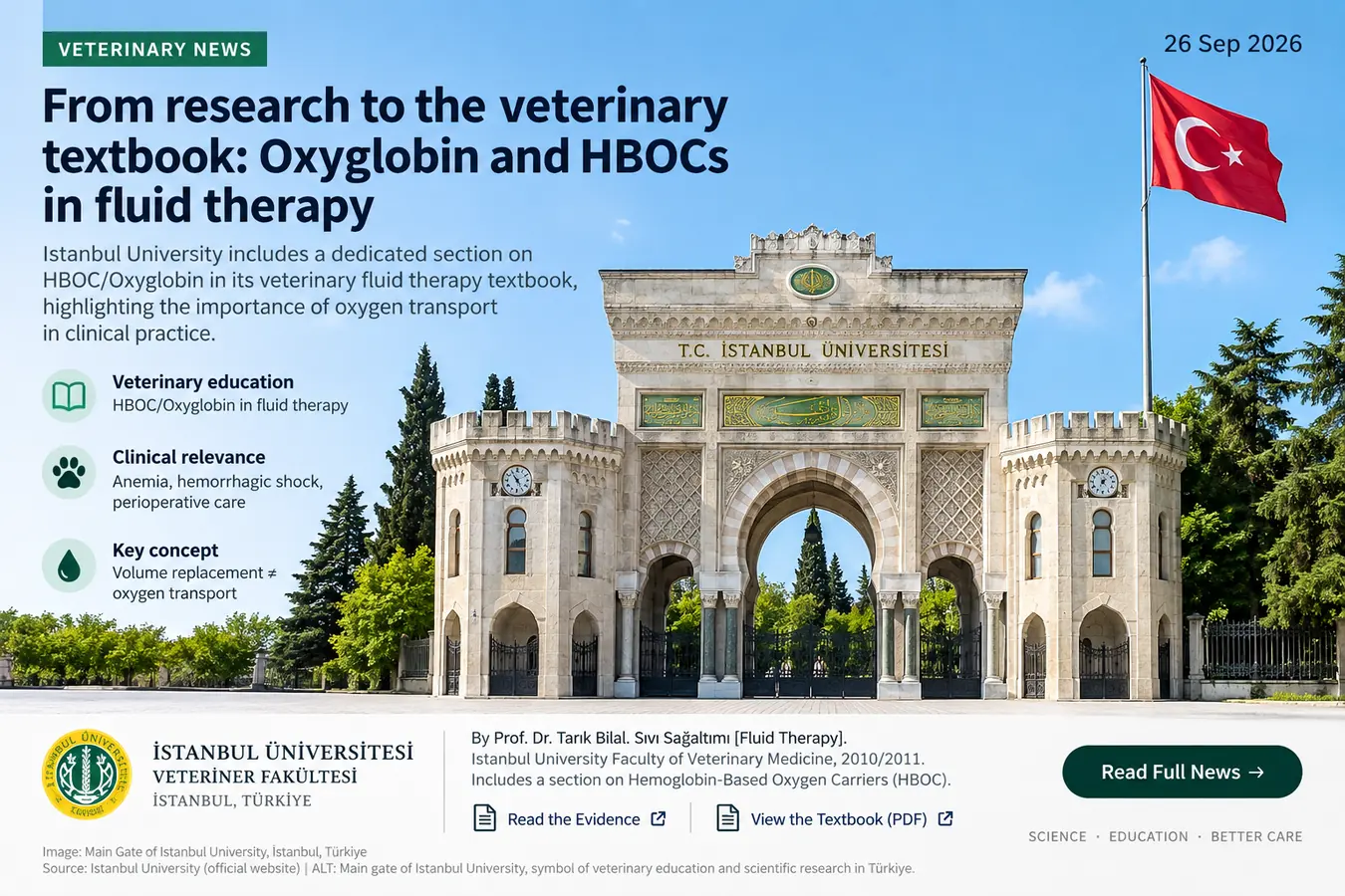Veterinary news graphic showing the Istanbul University main gate and summarizing Oxyglobin, HBOCs and oxygen transport in veterinary fluid therapy.