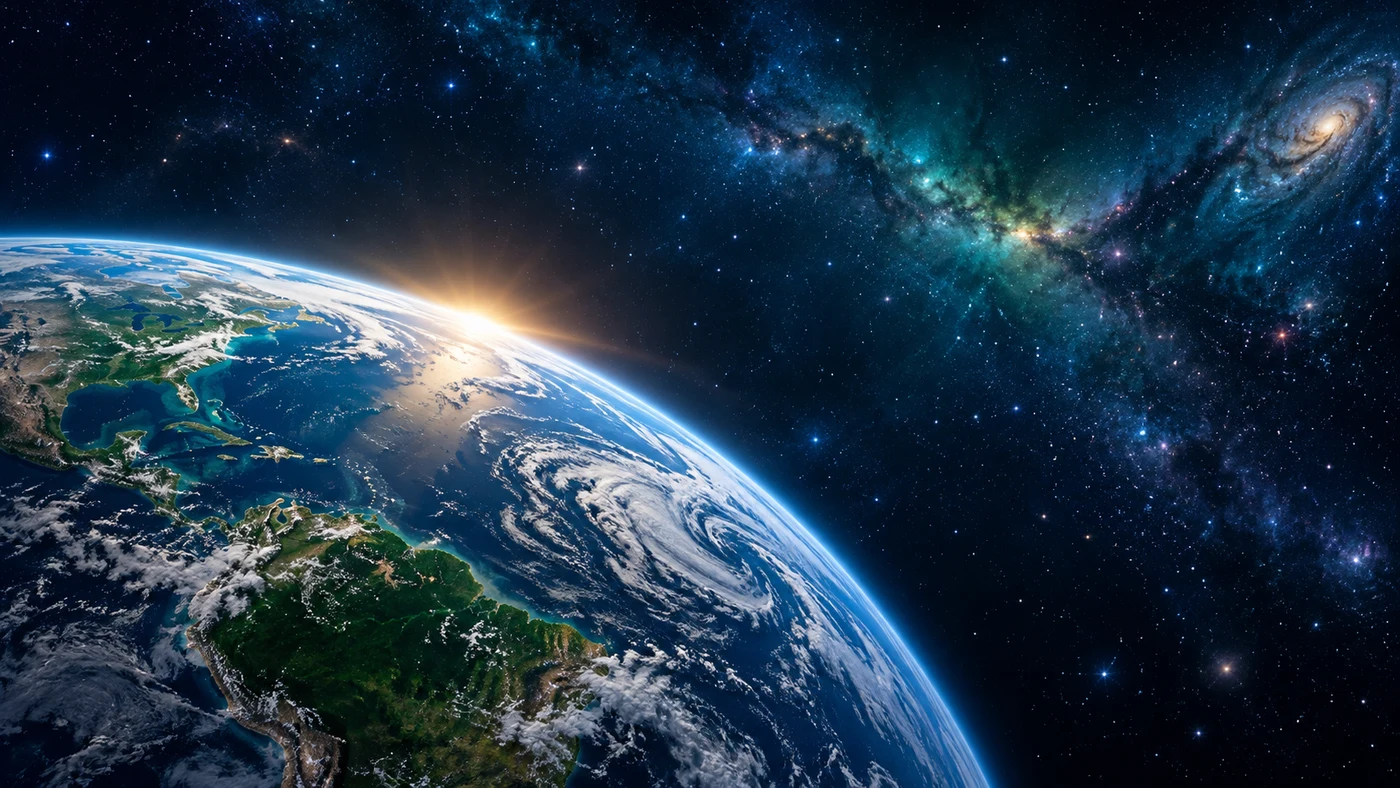 Concept illustration of Earth at dawn beneath a star-filled universe