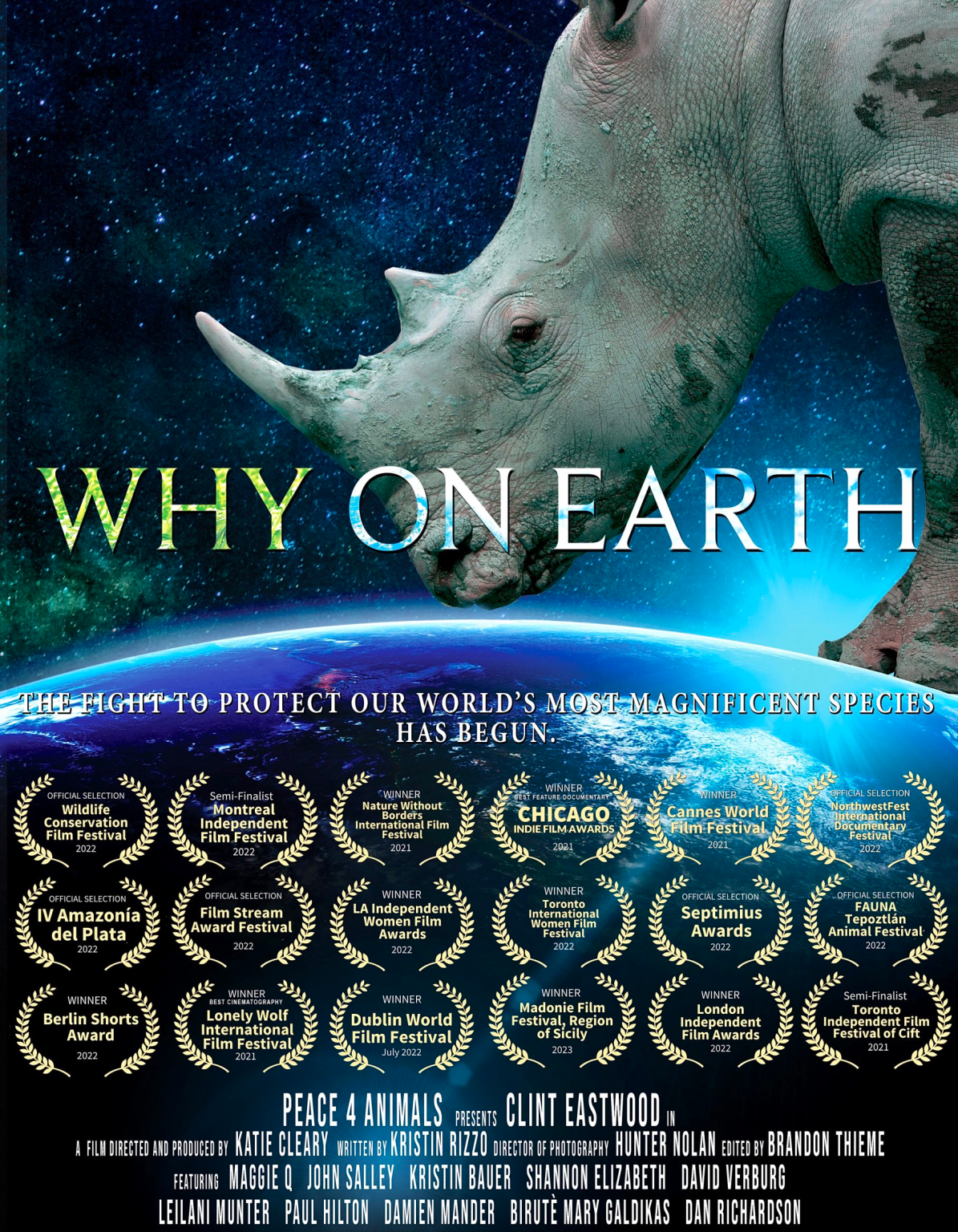 Why On Earth documentary poster showing a rhinoceros above Earth, with the film title, festival awards and filmmaker credits.