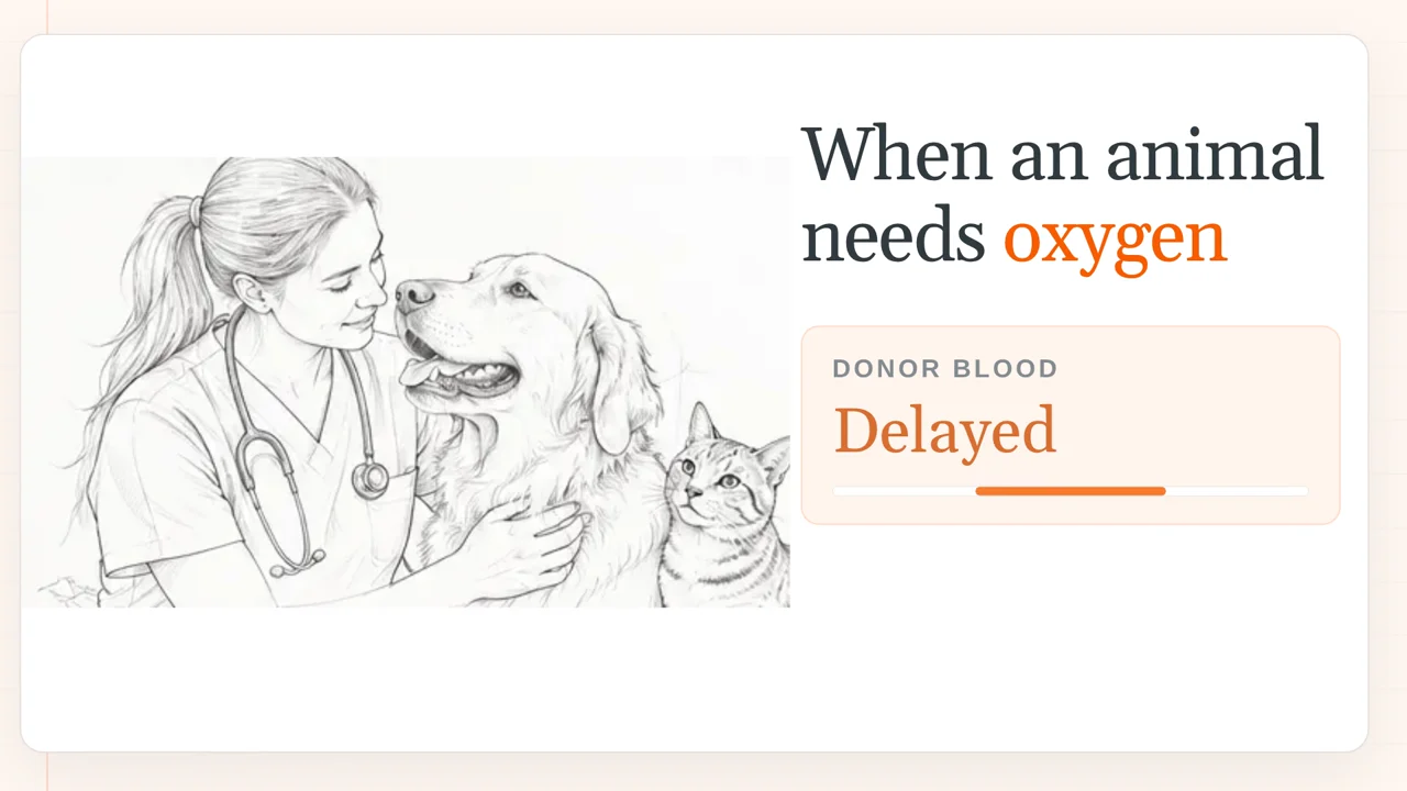 Veterinary team with a dog and cat beside the words When an animal needs oxygen in the BHOC Veterinary introductory video.